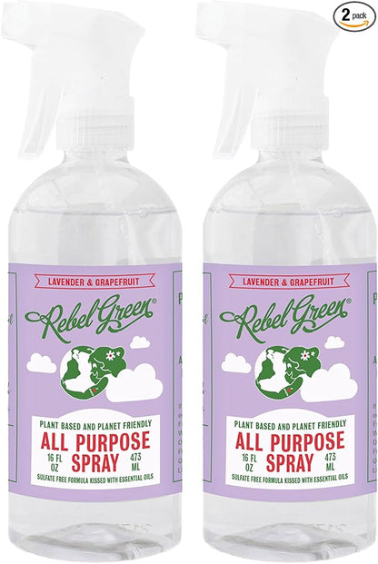 Rebel Green Natural All-Purpose Cleaning Spray - Plant-Derived Multi-Surface Cleaner with Essential Oils for Kitchen, Bath, Countertops and More - Lavender & Grapefruit Scent - 16 oz - 2 Pack