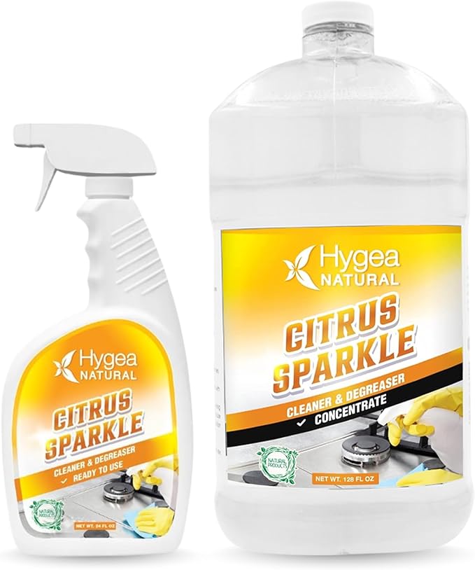 Hygea Natural Citrus Sparkle Chemical-Free Heavy Duty Degreaser & All Purpose Cleaner-Pure Citrus Extracts & Natural D-limonene-Removes Grease, Dirt & Grime (24oz Spray & 128oz of Concentrated Gallon)
