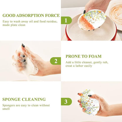 Wildflower Kitchen Scrub Sponges, Pop-up Kitchen Cleaning Sponges Reusable Dish Washing Sponges for Bathroom Household Cleaning 3 Pack - Non Scratch Scrubber