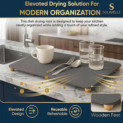 Stone Drying Mat for Kitchen Counter with Bamboo Rack&5 Wooden Feet ,20"×16" Natural Diatomaceous Earth Dish Drying Stone , Fast Absorbing, Minimalist Design for Modern Kitchens