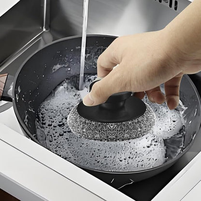 Scrubber with Handle Comes with Three Replacement Balls Steel Wool, Short Handle Scrubber, Steel Wool Scrubber Supplies Dish Scrubber, Stainless Steel Scrubber Tool Metal Scrubber for Dishes