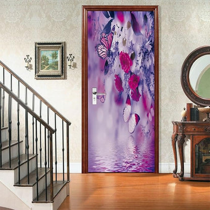 A.Monamour 3D Door Stickers for Interior Doors Red White Flowers and Butterflies Vinyl Waterproof Self Adhesive Door Mural Decals for Bedroom Office Bathroom 77x200cm