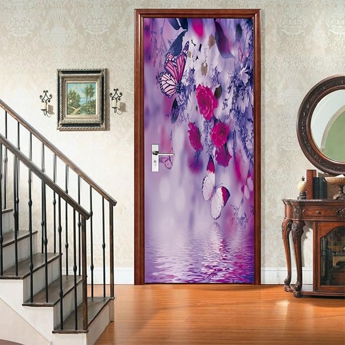 A.Monamour 3D Door Stickers for Interior Doors Red White Flowers and Butterflies Vinyl Waterproof Self Adhesive Door Mural Decals for Bedroom Office Bathroom 85x215cm