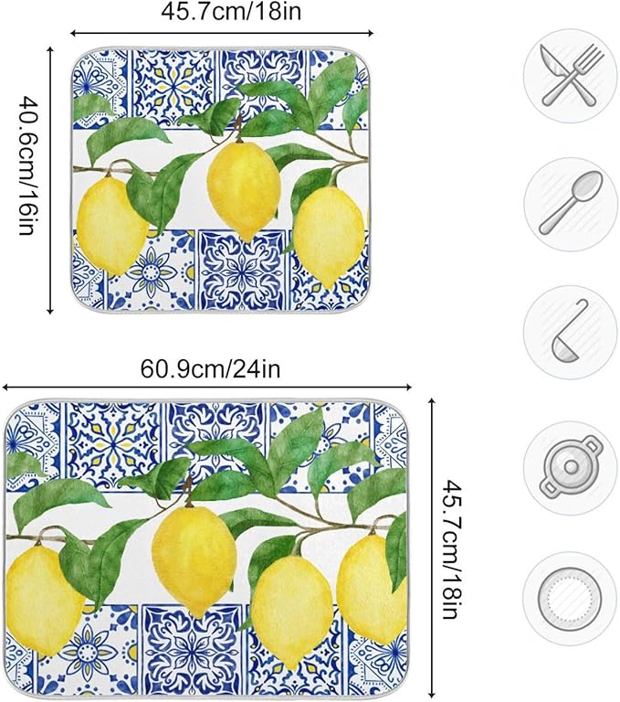 Lemon Blue Tiles Dish Drying Mat for Kitchen Counter Absorbent Microfiber Drying Pad, Large 18x24 in, Reversible Drainer Mats