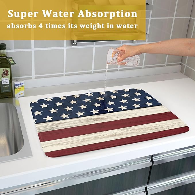 4th of July Patriotic Independence Dish Drying Mat For Kitchen CounterRustic Stripes America Flag Stars Microfiber Absorbent Drying Mats Reversible Kitchen Countertop Drainer Pad 18x24 Inch