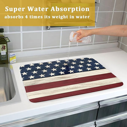 4th of July Patriotic Independence Dish Drying Mat For Kitchen CounterRustic Stripes America Flag Stars Microfiber Absorbent Drying Mats Reversible Kitchen Countertop Drainer Pad 18x24 Inch