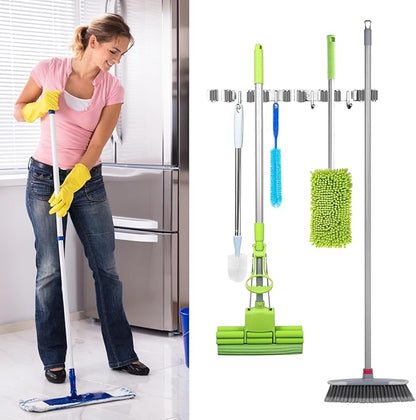 UNIFUN Broom Holder Wall Mount, Broom Organizer Wall Mount Stainless Steel Broom and Mop Hanger Heavy Duty Storage Organization for Home Kitchen Garden Garage Room 5 Racks 4 Hooks (1Pack)(Grey Racks)