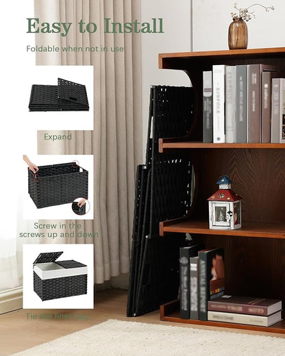 Storage Basket with Lid Rattan Storage Basket with 2 Separate Lid, 27.8 Gallon (105 L) 25.2 * 15.4 * 16.1 Inches Woven Wicker Baskets with 2 Liners and Handles for Bedroom Laundry Black