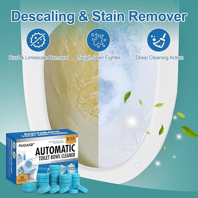 Automatic Toilet Bowl Cleaner Tablets,DeepAction Descale & Deodorize, Septic-Safe, Continuous Cleaning, Fresh Scent, Drop-In Tank Cleaner, 50 Pack (Blue)