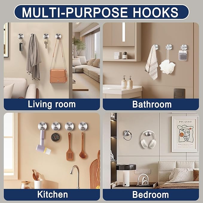 Suction Cup Hooks for Shower,No Drill Towel Hooks for Bathroom Wall, Kitchen, Glass, Mirror, Tile - Ideal for Hanging Towels, Robes, and Loofahs (Mirror-4pcs)