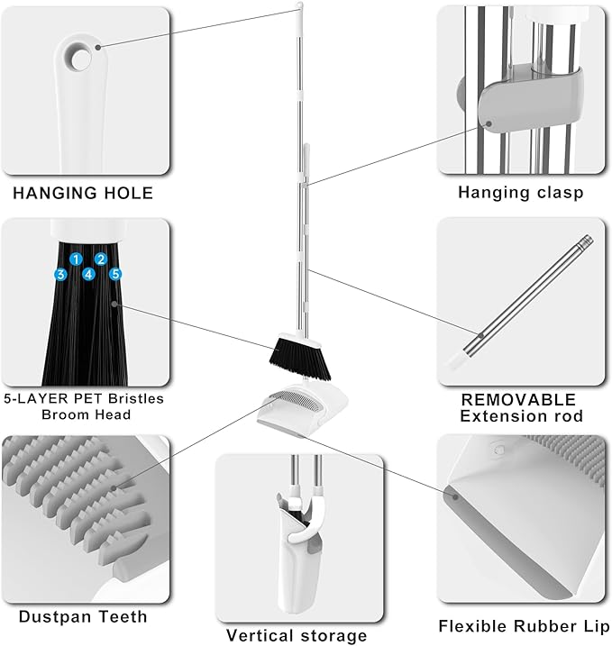 Broom Dustpan Set, Broom with Dustpan Combo Set with Adjustable Handle Broom Suitable for Home Office Kitchen Lobby Dust Pan Teeth to Automatically Clean Hair