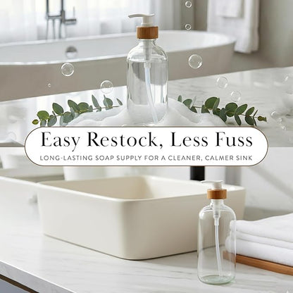 SAVVY & SORTED Glass Hand Soap Dispenser Bathroom, Dish Soap Dispenser for Kitchen Sink, Refillable Clear Glass Bottles with White Bamboo Pump for Liquid Hand Wash, 17 Fl Oz / 500 ml