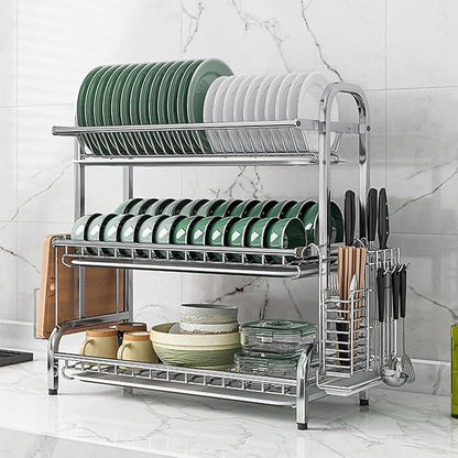 Counter Dish Stainless Steel Dish Drying Rack for Countertop - Rustproof Space-Saving & Multipurpose 3-Tier Dish Rack for Kitchen Counter with Utensil Holder, Large-Capacity Kitchen Organizer