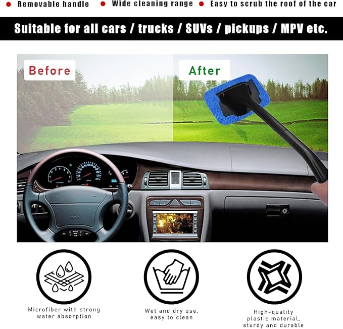 Car Windshield Cleaning Tool, Microfiber Window Cleaner with 4 Washable and Reusable Cloth Pad & Long Handle, Auto Glass Wiper Cleaning Kit with Spray Bottle, Car Accessories