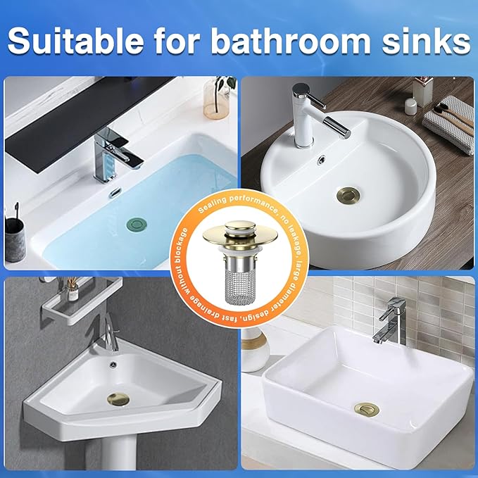 Sink Stopper Hair Catcher,(3PCS) Pop-up Sink Drain Strainer with Removable Stainless Steel Strainer Basket Hair Catcher, Bathroom Sink Strainer for Bathroom Sink Stopper Replacement (3, Brushed Gold)