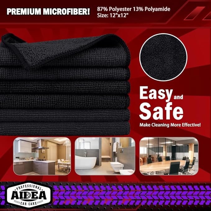 AIDEA Microfiber Cleaning Cloth Black 10PK, Microfiber Towels for Cars, Premium Wash Cloths, Dusting Cloth Lint Free Cleaning Rags for SUVs, House, Kitchen, Window, Cleaning Supplies12×12" (Pack of 2)