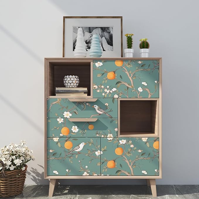 Green Floral Wallpaper Peel and Stick, Birds & Orange Fruits Contact Paper 17.5" x 393.7",Vintage Botanical Boho Wall Paper Self Adhesive Waterproof Removable for Room Shelves Cabinet Drawer Table