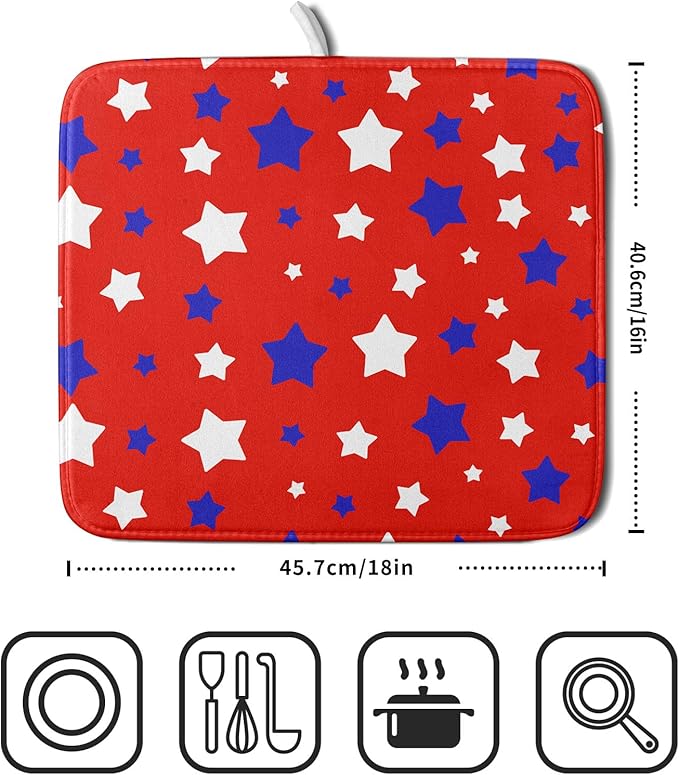 Fourth of July Independence Memorial Dish Drying Mat for Kitchen Counter,Blue White Star Patriotic Red Drying Mat 16 x 18 Inch with High Absorbent Microfiber Dish Drying Mat for Coffee Bar