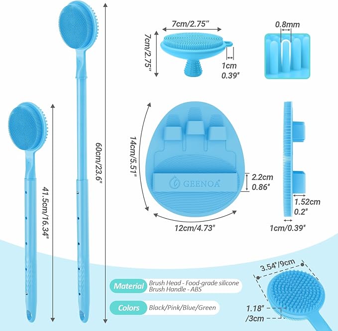 Silicone Back/Face Scrubber & Soft Bath Glove 3PCS, 16''- 24'' Extendable Shower Back Scrubber, 360° Anti-Slip & Hand-fit Silicone Body Scrubber, Manual Face Brush for All-Round Cleaning(Blue)