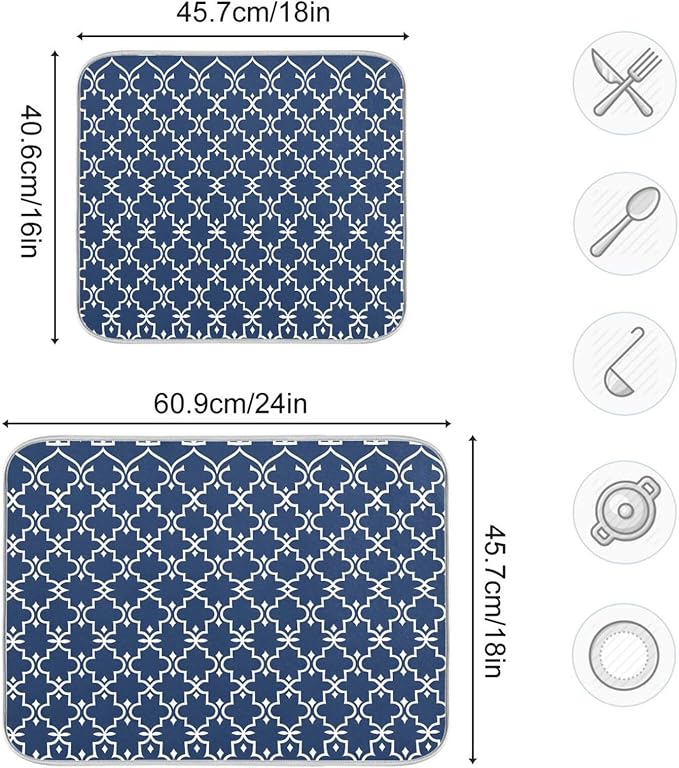 Super Absorbent Dish Drying Mat Microfiber Fast-Drying Dish Mat 16" x 18" Kitchen Dish Drying Pad Watercolor Cute Navy Blue Moroccan