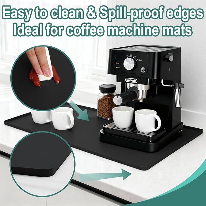 Silicone Coffee Mat, 24"X16" Heat-Resistant,Eco-friendly,Hygienic Drying Pad,Leak-Proof and Non-Slip,Removable Silicone Mat with Concave and Convex Design,（Black 24X16）