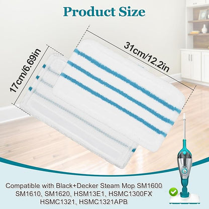 6Pack Steam Mop Pads Replacement for Black+Decker Steam Mop SM1600, SM1610, SM1620, HSM13E1, HSMC1300FX, HSMC1321, HSMC1361SG Cleaner Black and Decker Steam Mop Replacement Pads