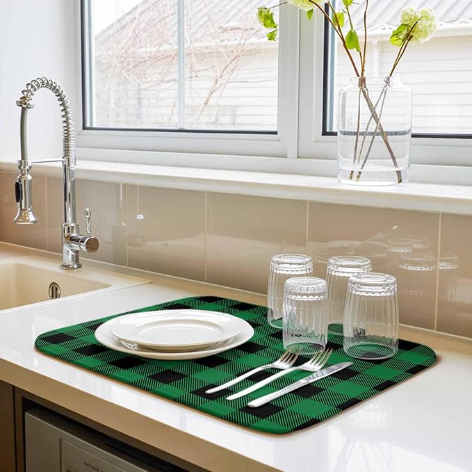 Dish Drying Mat Green Black Check Plaid Drying Mats for Kitchen Counter Farmhouse Style Absorbent Microfiber Dish Drainer Quick Drying Coffee Mat with Hanging Loop, 18 x24 inch
