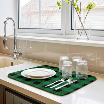 Dish Drying Mat Green Black Check Plaid Drying Mats for Kitchen Counter Farmhouse Style Absorbent Microfiber Dish Drainer Quick Drying Coffee Mat with Hanging Loop, 18 x24 inch