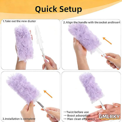 Heavy Duty Duster Refills, Disposable Dusters Kit for Cleaning Dusting Furniture Blind Ceiling Fan, Multi Surface 360 Feather Duster(10)+3FT Extended Handle（1） (pueple)