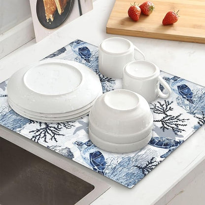 Nautical Blue White Sea Turtle & Coral Dish Drying Mats for Kitchen Counter 16 x 18 Inch, Decorative Navy Blue Dishes Pad Dish Drainer Rack Mats, Foldable Microfiber Washable Absorbent, Kitchen Decor
