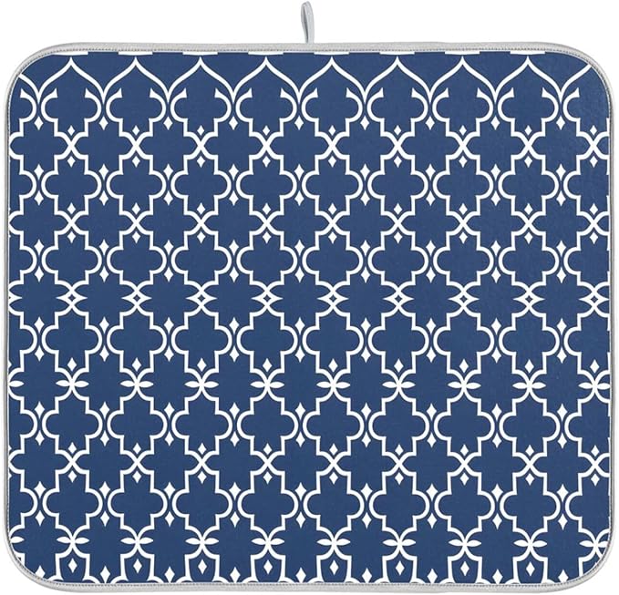 Super Absorbent Dish Drying Mat Microfiber Fast-Drying Dish Mat 24" x 18" Kitchen Dish Drying Pad Watercolor Cute Navy Blue Moroccan Mandala