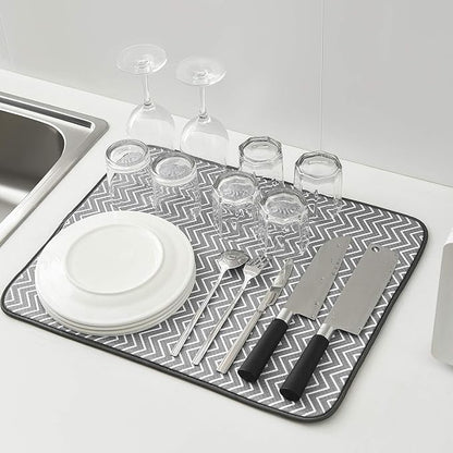 SUBEKYU Dish Drying Mat for Kitchen Counter, Microfiber Absorbent Dishes Drainer/Rack Pads under Sink, 19.6 by 16.1 inches, Set of 2, Grey, Ripple