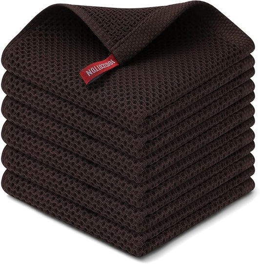 Kitinjoy 100% Cotton Kitchen Dish Cloths (12 X 12 Inches, Dark Brown), 6 Pack Waffle Weave Ultra Soft Absorbent Dish Towels for Drying Dishes Quick Drying Kitchen Towels Dish Rags