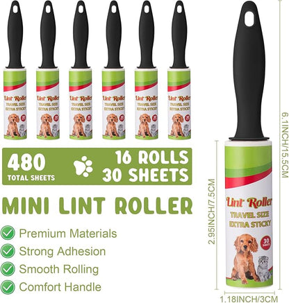 Hushee 16 Pcs Mini Lint Roller for Travel Small Lint Removers Bulk for Pet Hair and Clothes Small Size Removers Portable Sticky Removing Tool for Cleaning Furniture Dog Car Seat