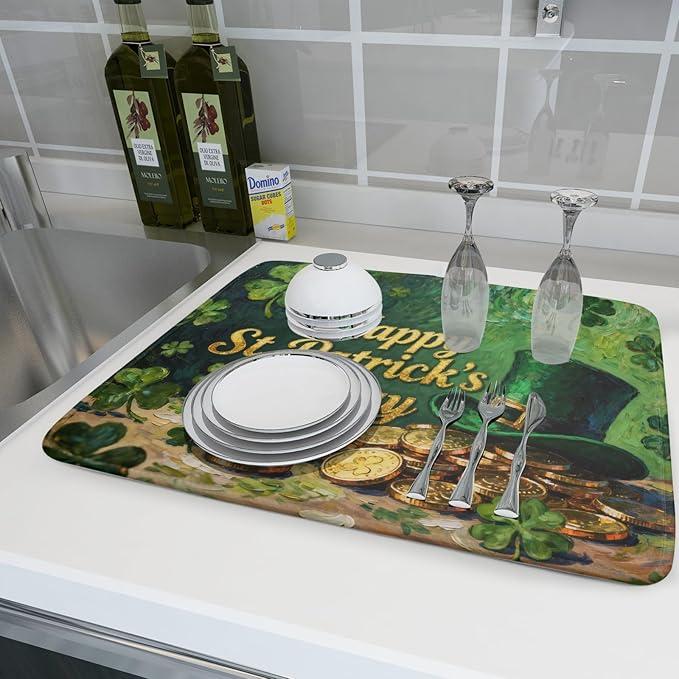 St Patrick's Day Dish Drying Mat for Kitchen Counter 18x24 Gold Green Lucky Clover Hat Coin Happy Holiday Absorbent Reversible Microfiber Drying Mats Kitchen Countertop Protector Dishes Drainer Pad