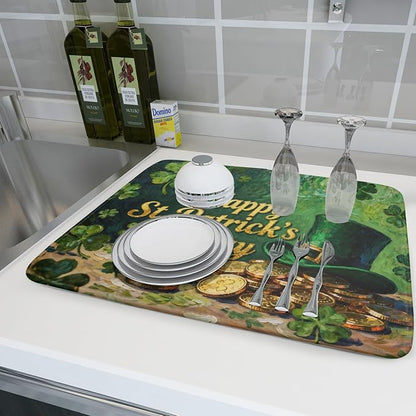 St Patrick's Day Dish Drying Mat for Kitchen Counter 18x24 Gold Green Lucky Clover Hat Coin Happy Holiday Absorbent Reversible Microfiber Drying Mats Kitchen Countertop Protector Dishes Drainer Pad
