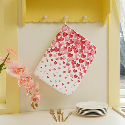 Valentines Dish Drying Mat 18x24 Inch Watercolor Red Pink Love Hearts Drying Mat Anniversary Day Holiday Absorbent Dish Drying Pad Dish Rack Drainer Mats for Kitchen Dining Counter