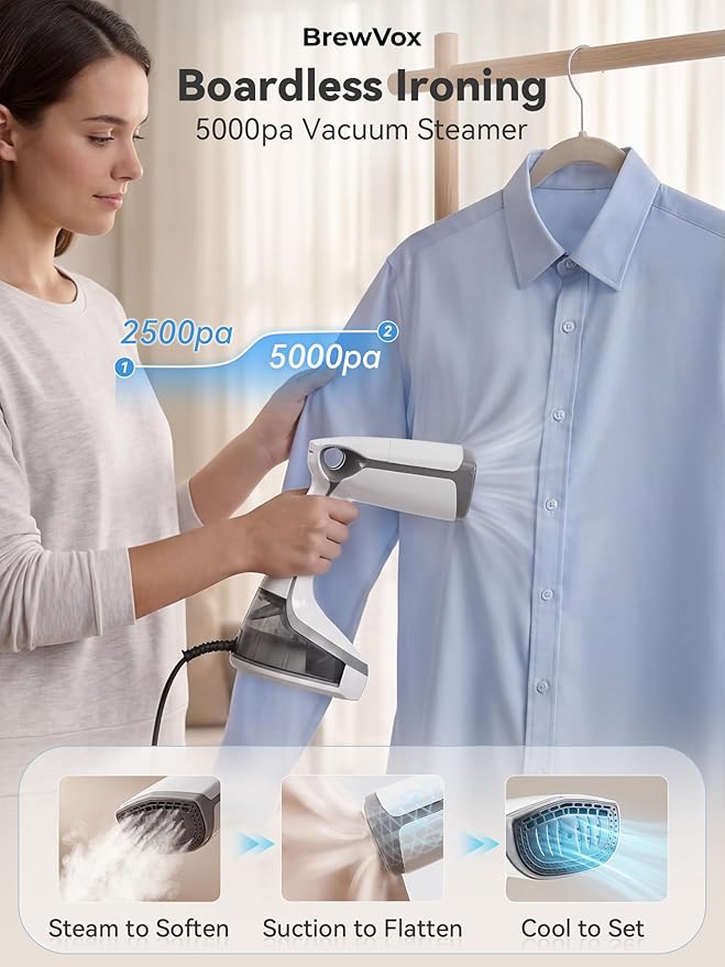 Handheld Steamer for Clothes, 5000Pa Suction Auto-Grip Vacuum Steamer & Iron for Garment Grip, Wrinkle Remove, 12 Oz Large Tank, Travel Dual Voltage
