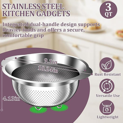 Stainless Steel Colander - 3QT Medium Capacity Strainer with Handle, Kitchen Food Strainer Basket for Washing Vegetables, Fruits, Rice, and Pasta, Kitchen Present for Women