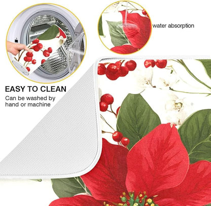 Red Poinsettias with Holly Dish Drying Mat for Kitchen Counter Super Absorbent Drying Mat 18x24 inch Large Dish Drying Matts for Countertop Protector Dishes Pad