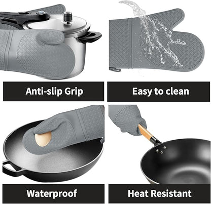 Hovico Silicone Oven Mitts, Heat Resistant 500F Kitchen Mitts 2PCS, 11.6" BPA-Free Soft Baking Gloves, Non-Slip Grip Oven Gloves with Soft Cotton Lining for Kitchen Cooking Baking BBQ - Gray