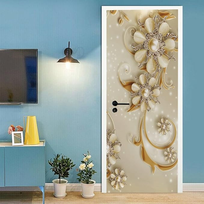 A.Monamour 3D Door Stickers for Interior Doors Luxury Flowers Golden Ornaments Vinyl Waterproof Self Adhesive Door Mural Decals for Bedroom Office Bathroom 90x200cm