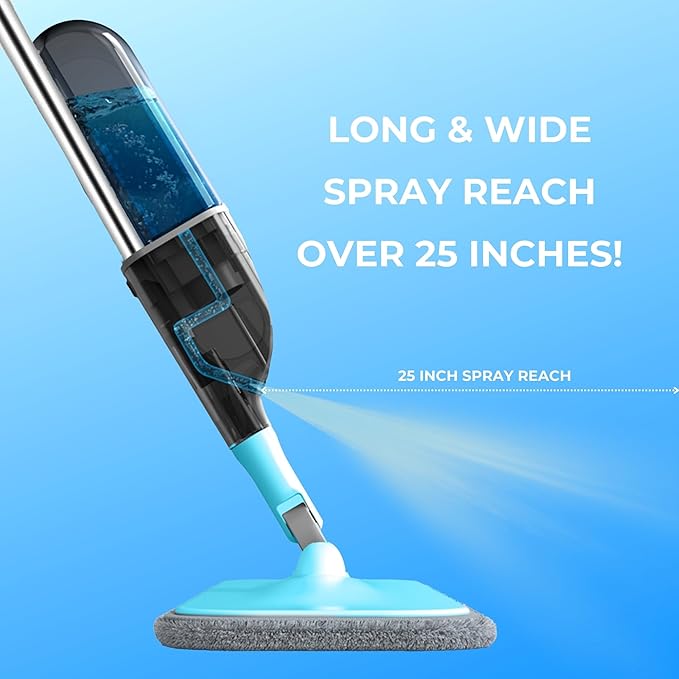 True & Tidy® SPRAY-250 Multi-Surface Spray Mop with Refillable Water Bottle for Floor Cleaning, Works on Wood, Tile, Marble etc, Use Any Cleaning Solution, Machine Washable Microfiber Mop Pads, Blue