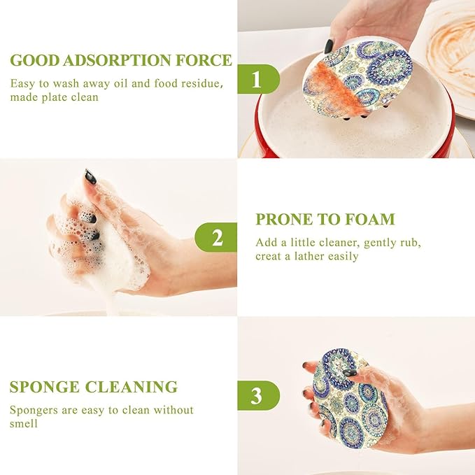 Mandala Kitchen Scrub Sponges, Pop-up Kitchen Cleaning Sponges Reusable Dish Washing Sponges for Bathroom Household Cleaning 3 Pack - Non Scratch Scrubber