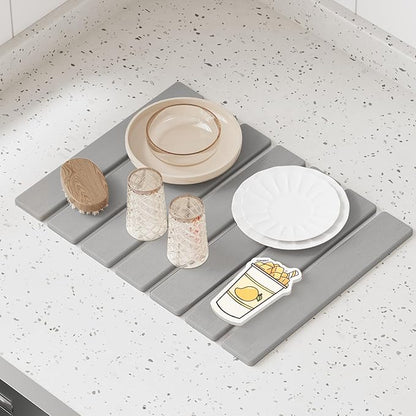 Stone Dish Drying Mat for Kitchen Counter,15.5''x11.8'' Foldable Quick Dry Stone Kitchen Mat,Eco-Friendly,Absorbent Diatomaceous Earth Mats for Dishes Bottles Cups Bathroom Any Countertop-Light Gray
