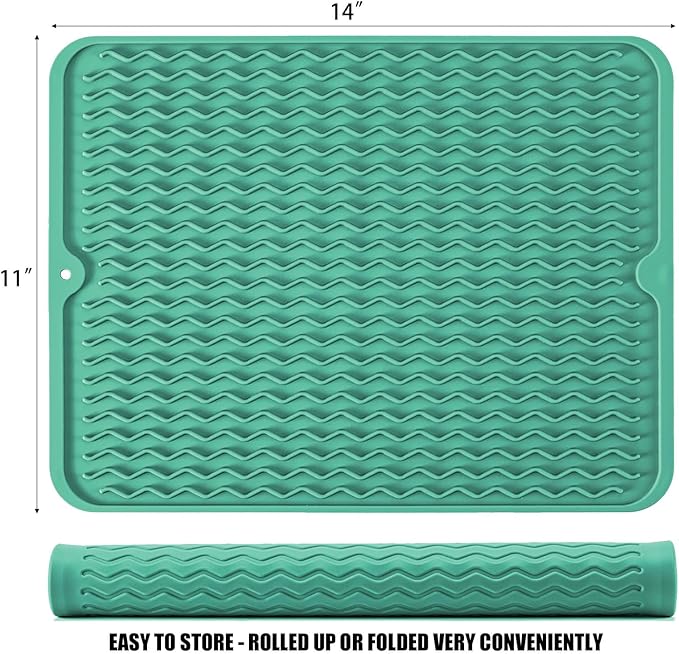 Large 14" x 11" Silicone Dish Drying Mat for Kitchen Counter, Easy clean, Quick Dry, Heat-resistant Dish Drainer Mat for Sink,Refrigerator or Drawer liner (Food Grade Silicone-Green)