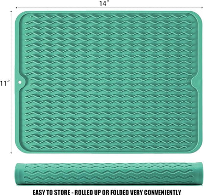 Large 14" x 11" Silicone Dish Drying Mat for Kitchen Counter, Easy clean, Quick Dry, Heat-resistant Dish Drainer Mat for Sink,Refrigerator or Drawer liner (Food Grade Silicone-Green)
