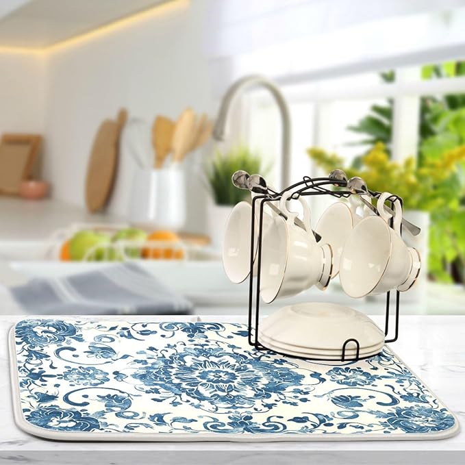 Dish Drying Mat Kitchen Mat Large Size 18 x 24 Blue White Floral Washable Dishes Drainer Mat for Countertop
