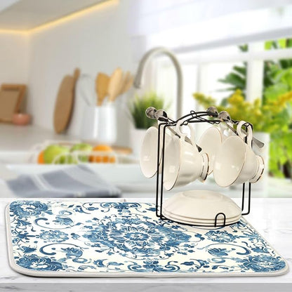 Dish Drying Mat Kitchen Mat Large Size 18 x 24 Blue White Floral Washable Dishes Drainer Mat for Countertop