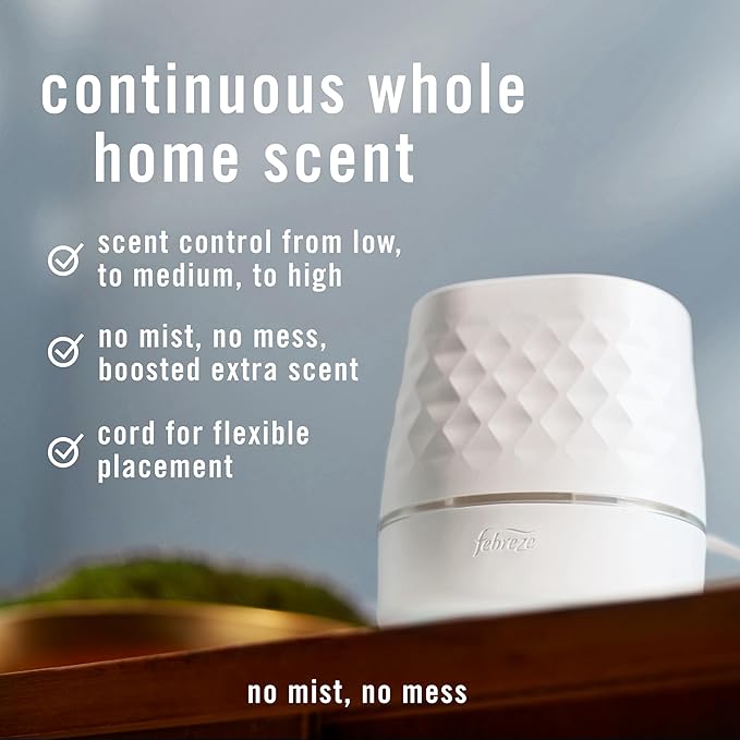 Febreze Plug Scent Booster Starter Kit, Oil Diffuser, Air Freshener Plug in, Continuous Scent Device + 2 Downy Calm Refills